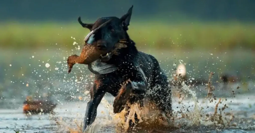 black dog with duck in his mouth