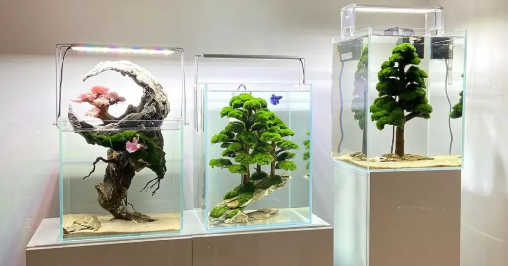 three little aquariums standing next to each other
