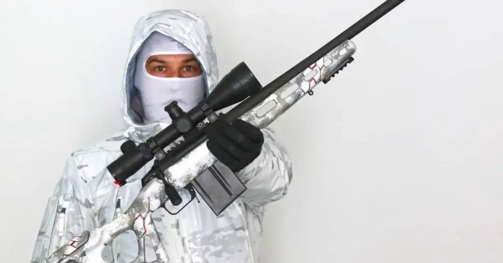 man with ski mask on holding white sniper rifle