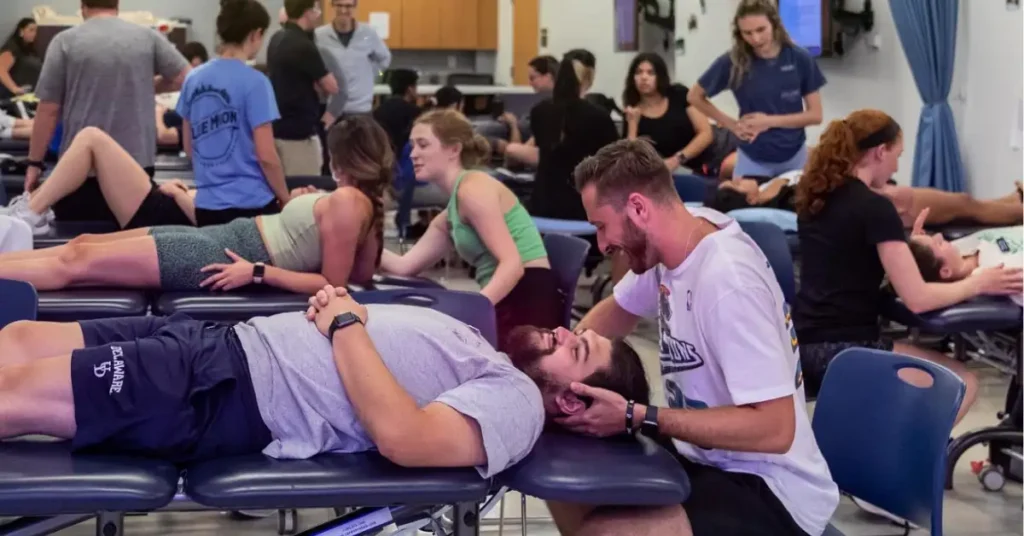 physical therapy students practicing in a big clinic