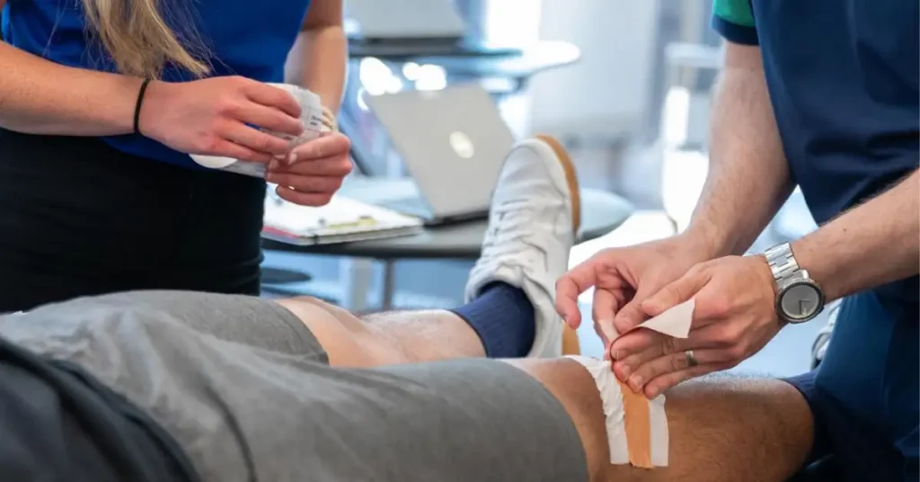 physical therapy students practicing on a knee