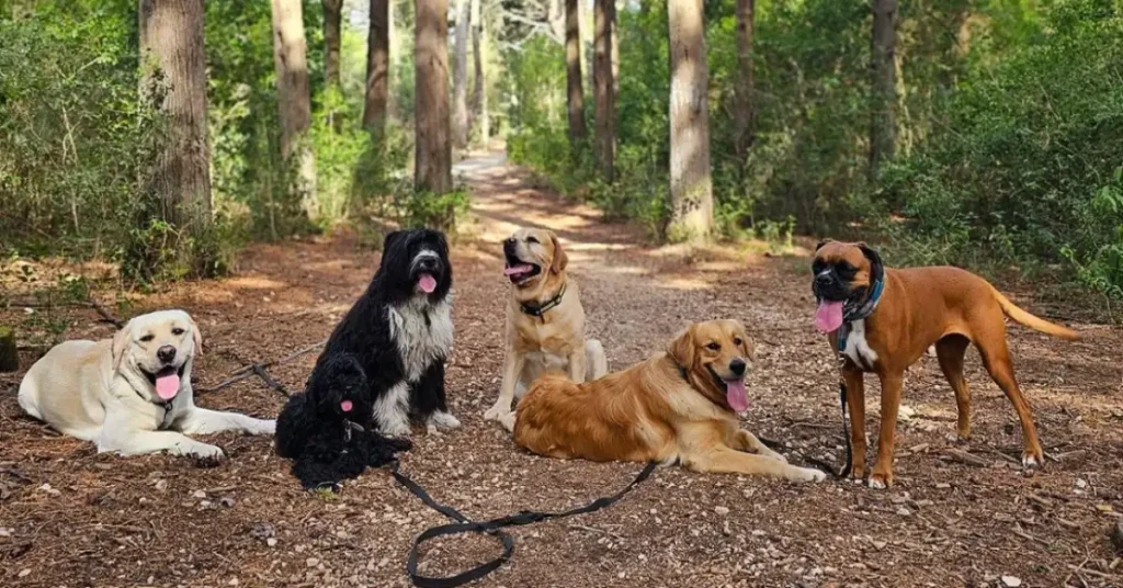 many dogs sitting on the ground in a forest