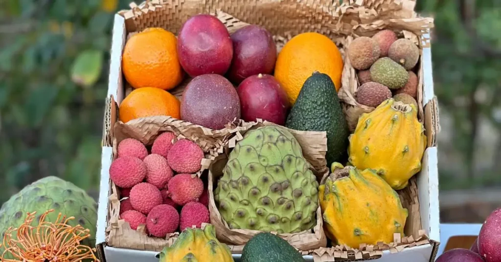 tropical fruits in a box