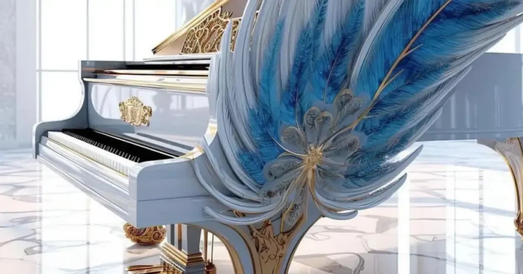 baby blue piano with big blue feather