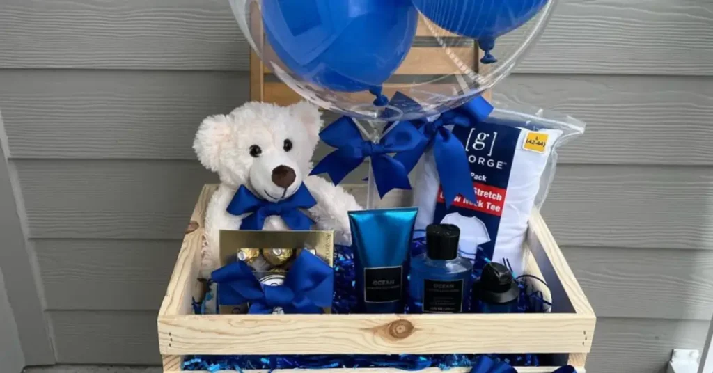 blue themed gift basket for boyfriend