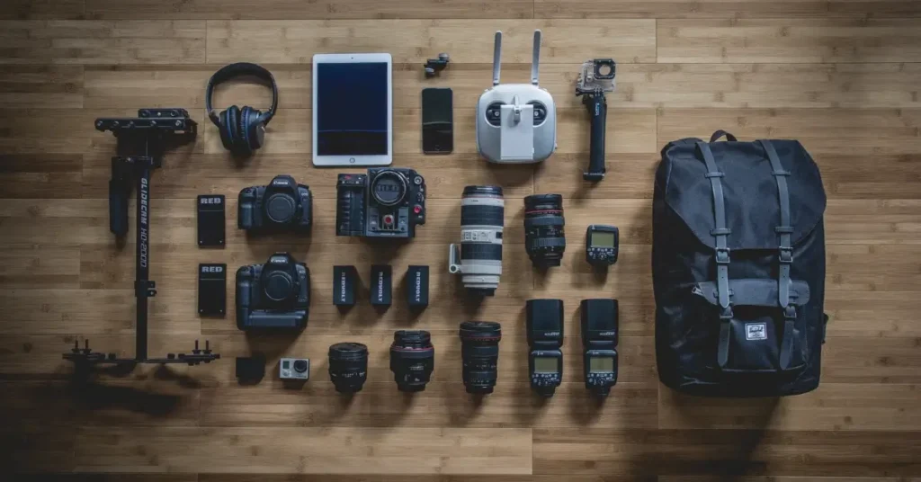 cameras and camera equipment on a table