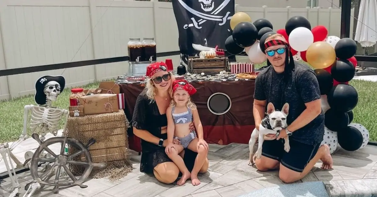 young family with hand made pirate decoration