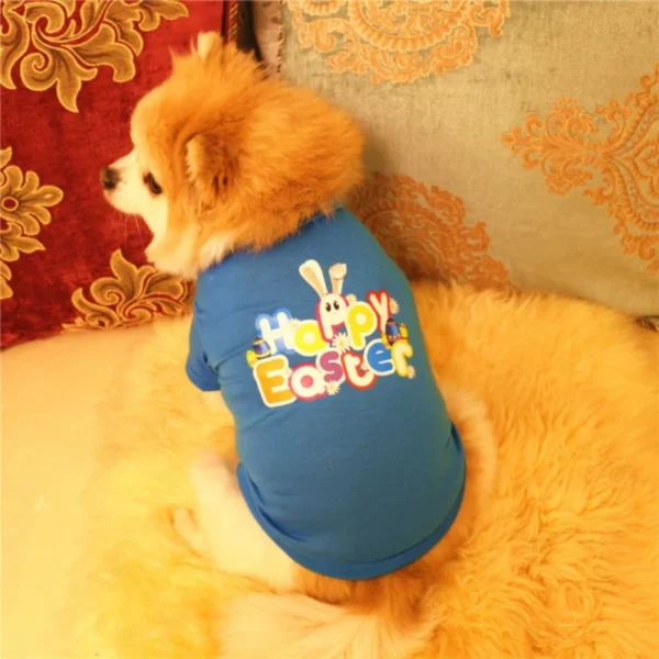 Dog Easter Shirt in blue on a dog sittng on the couch
