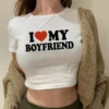 Shirt I Love My Boyfriend worn by a woman with a jacket