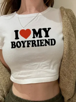 Shirt I Love My Boyfriend worn by a woman with a jacket