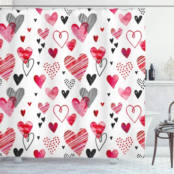 Valentine's Day Heart Shower Curtain in a bathroom next to a chair