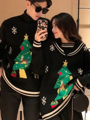 young asian couple in black christmas shirts couples